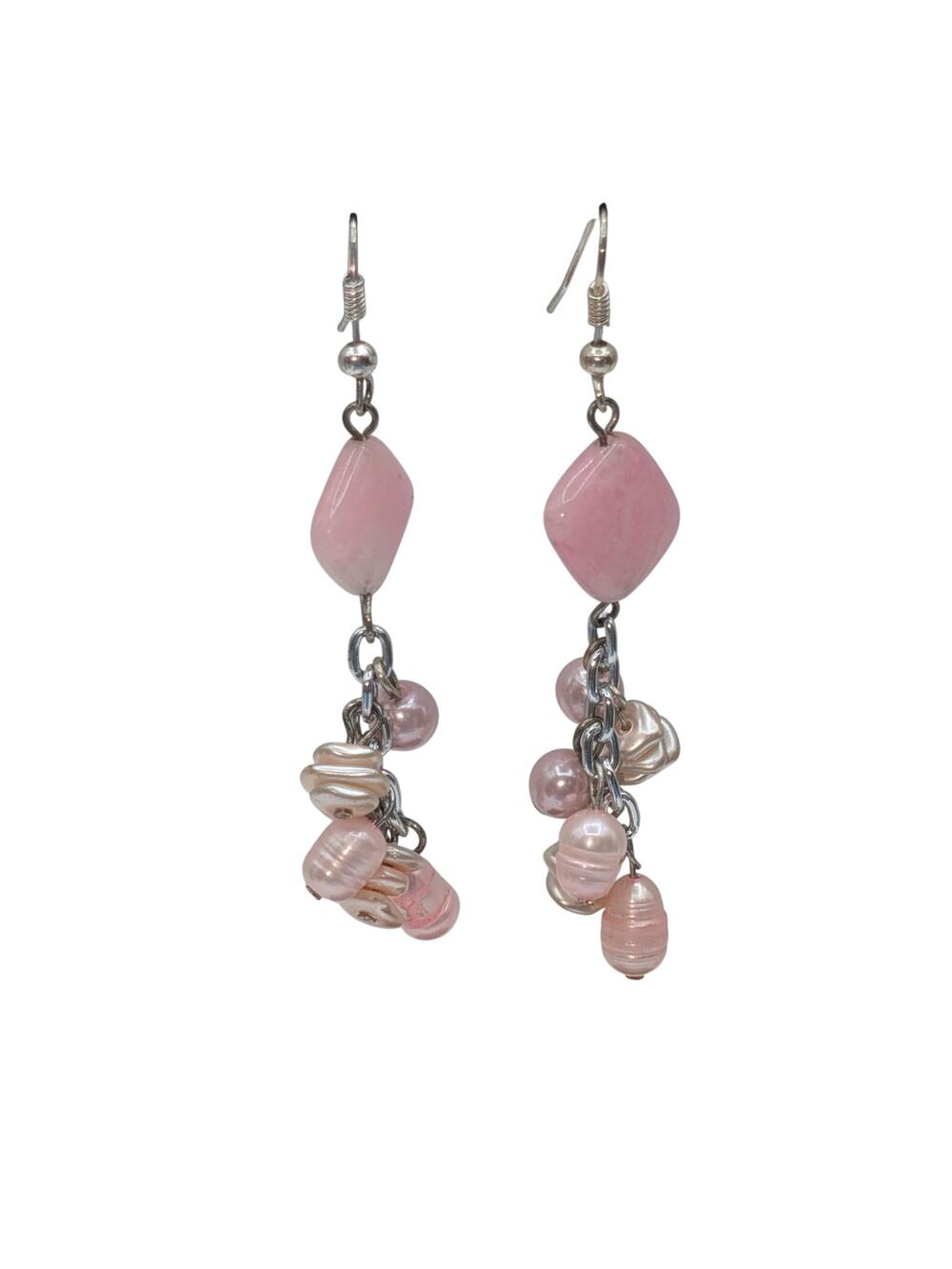 Silver Tone Pink Stone Pink Pearl Cluster Dangle Earrings
